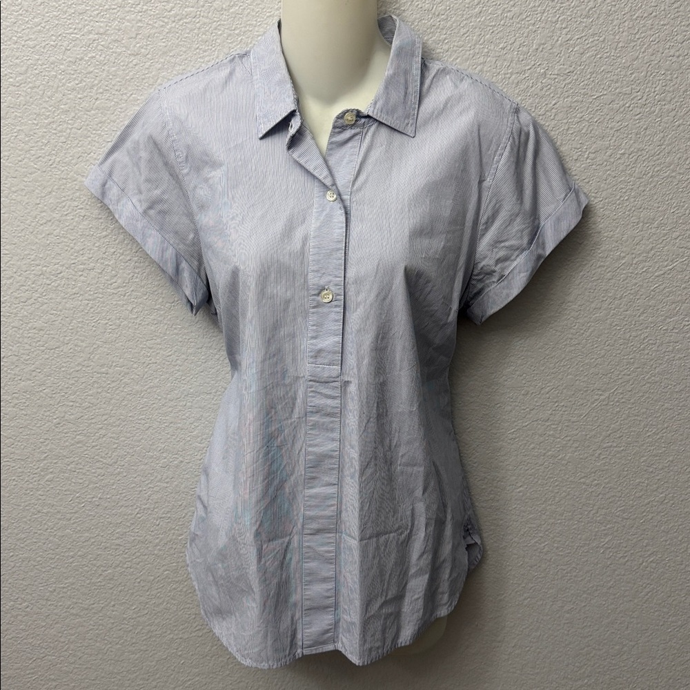 J. Crew Blue and White Striped Short Sleeve Popover Shirt Size M - Picture 2 of 5